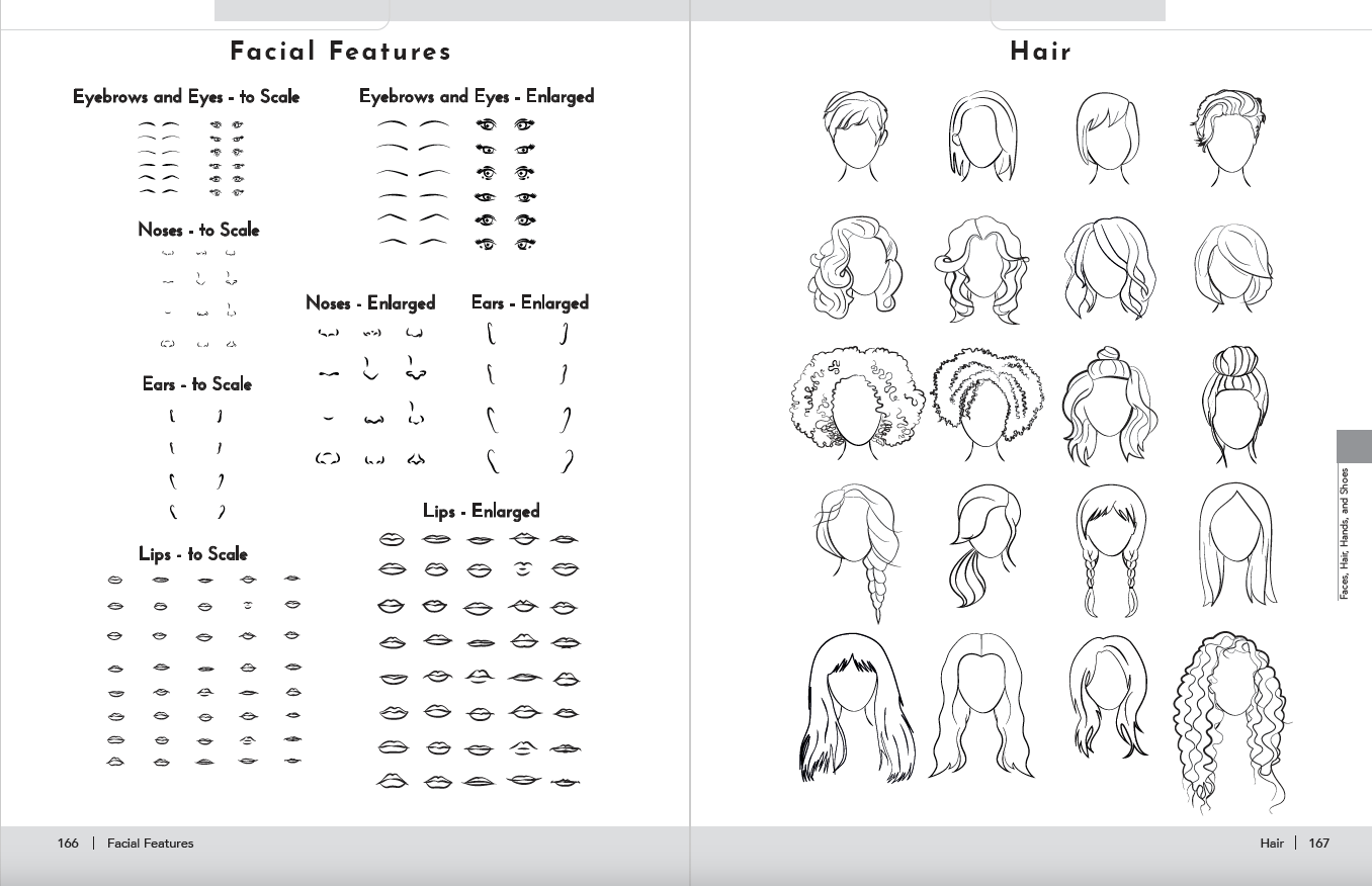 Sketches of flat faces for Fashion with detailed hair facial features.